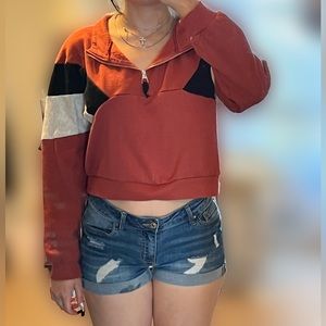 stripped sleeve half zip up sweatshirt